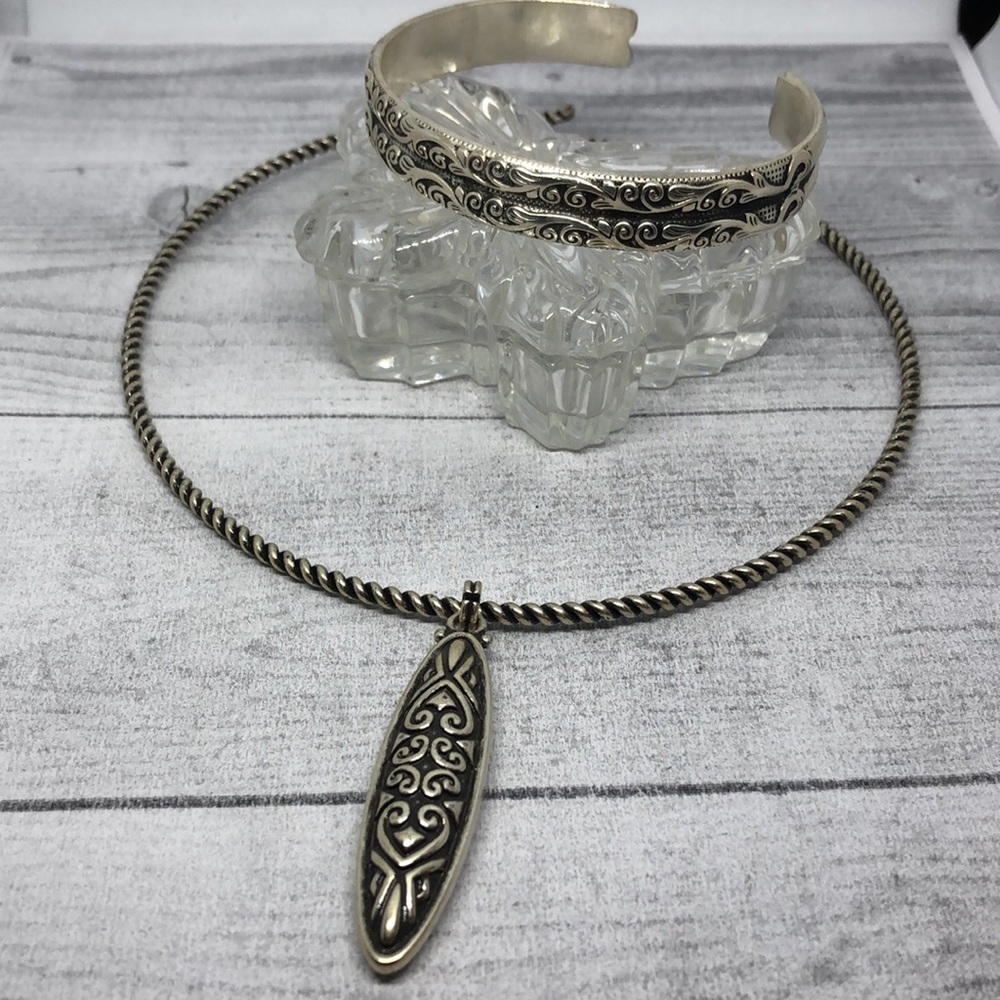 Curated bundle lot 2 antique silver tone jewelry set necklace bracelet